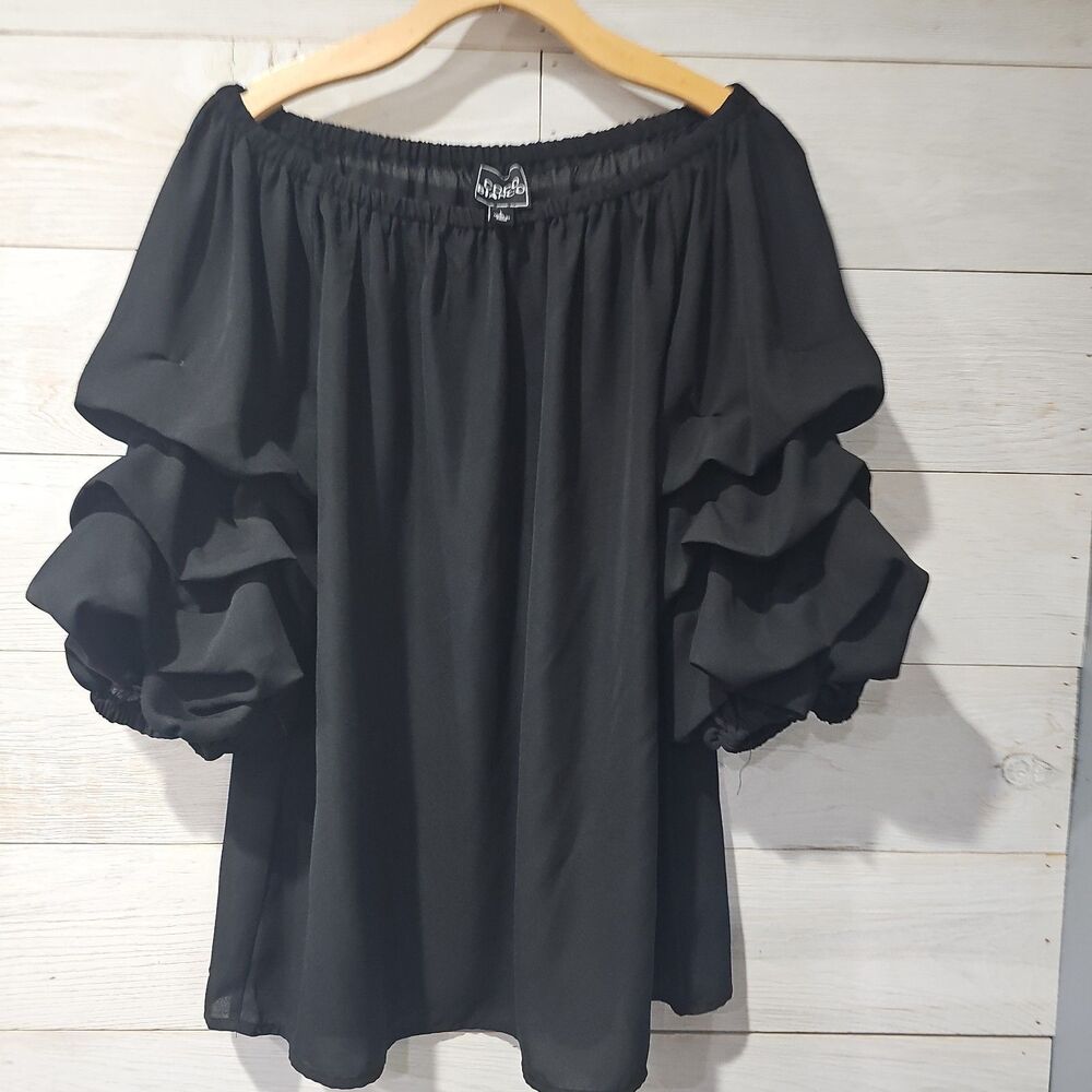 Coco Bianco Black Off The Shoulder Top Tiered Ruffle 3/4 Sleeve Blouse Size L - Picture 2 of 5